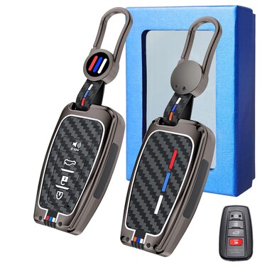 Yumzeco Compatible with Toyota Key Fob Cover,Key Case for 2020-2023 Highlander 2020-2024 RAV4 Camry 2019-2022 Avalon Corolla 2016-2022 Prius,Metal Shell Carbon Fiber Pattern Full Protection 4 Buttons
