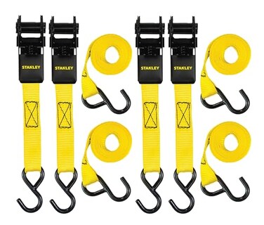 STANLEY S9500 Black/Yellow 1" x 10' Ratchet Straps - Light Cargo (300 lb Working Load / 900 lb Break Strength), 4 Pack