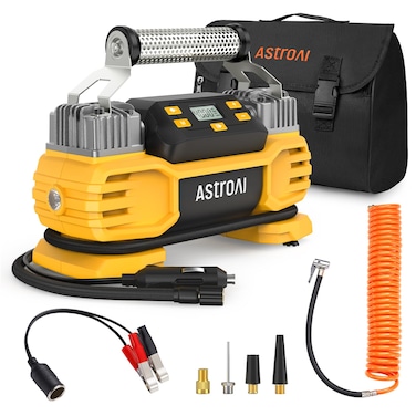 AstroAI Portable 160 PSI DC Heavy Duty Tire Inflator Pump Auto Shutoff with Screen, Dual Cylinders &amp; Dual Motors, 12V Air Compressor for SUVs, RVs, ORVs, Cars, Air Mattresses, etc. Yellow
