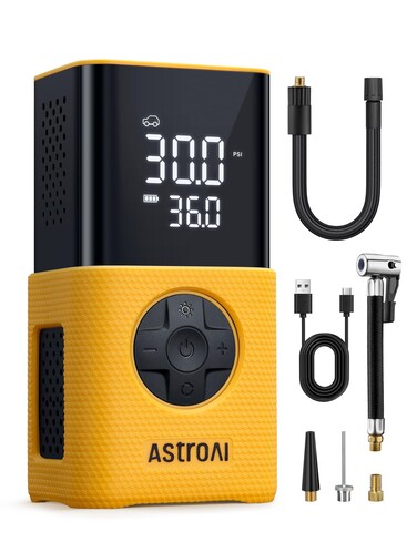AstroAI Tire Inflator L7S Portable Air Compressor Cordless Bike Pump with Digital Dual Values Display, 150 PSI Car Tires Pump with LED Lights Air Pump for Cars, Motorcycles, Bikes, Balls