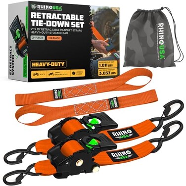 Rhino USA Retractable Ratchet Straps (2-Pack) - 2 Inch x 10 Feet (3,033lb Break Strength) - Heavy Duty Auto Self Retracting Tie Down Straps for Truck, Cargo Trailer, Motorcycle, Rad &amp; More - Orange