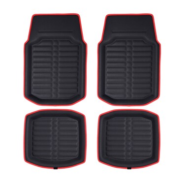 FH Group Automotive Floor Mats - PU Leather Floor Mats, Deep Dish Design, Floor Mats for Cars, Universal Fit Floor Mats Full Set, Floor Mats For Most Sedan, SUV, Truck Floor Mats Red Black