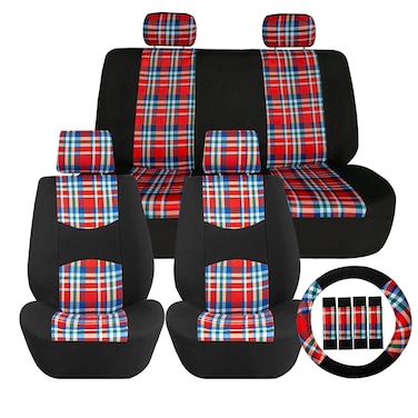 FH Group Car Seat Covers Full Set Plaid Print Cloth - Universal Fit Automotive Seat Covers, Low Back Front Seat Covers, Solid Back Seat Cover, Washable Car Seat Cover for SUV, Sedan, Van Red