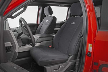 Rough Country Neoprene Seat Covers for Ford F-150 (2015-25)/F-150 Lightning (2022-24)/Super Duty (2017-25) w/No Rear Fold-Down Arm Rest - Waterproof &amp; UV Resistant, Foam Padded, Front &amp; Rear Set