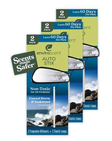 Enviroscent Non-Toxic Car Air Freshener (Coastal Storm &amp; Teakwood) Natural Car Air Freshener   Essential Oil Diffuser   Car Scent Lasting Over 180 Days   3 Packs of 2 Hanging Auto Stix
