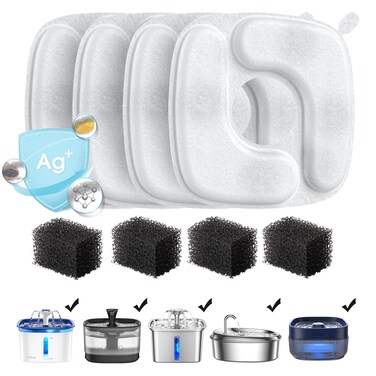 Veken Cat Water Fountain Filters, 4 Pack Replacement Filters &amp; 4 Pack Replacement Pre-Filter Sponges Set for 67oz, 95oz, 135oz Automatic Pet Fountain Dog Water Dispenser