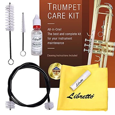 Libretto Trumpet (Cornet) ALL-INCLUSIVE Care Kit w/Instructions: Valve Oil+Slide Grease+Cleaning Cloth+Mouthpiece/Valve/Bore Brushes, Giftable Handy Case, Time to Clean &amp; Extend Life of your Trumpet!