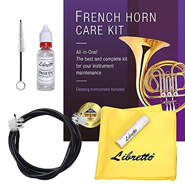 Libretto French Horn ALL-INCLUSIVE Cleaning &amp; Care Kit with Instructions: Valve Oil + Slide Grease + Cleaning Cloth + Mouthpiece &amp; Bore Brushes, Giftable Handy Case. Clean &amp; Extend Life of your Horn