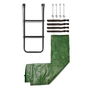 Plum 29124 Outdoor 12 Foot Trampoline Accessory Kit with Weather Protected Circular Cover, Ladder, and 8 Piece Anchor and Stake Set, Forest Green