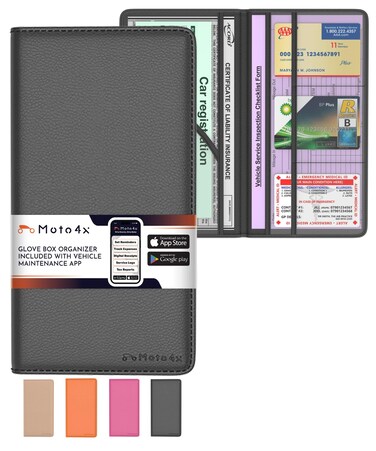 MOTO4X Premium Leather with Magnetic Shut Car Registration and Insurance Card Holder, Glove Box Organizer for License, Cards &amp; Documents, a Car Wallet for All Vehicle Needs and Car Accessories: Black