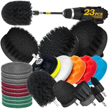 Holikme 23Pack Drill Brush Attachments Set, Black, Scrub Pads &amp; Sponge, Power Scrubber Brush with Extend Long Attachment All Purpose Clean for Grout, Tiles, Sinks, Bathtub, Bathroom, Kitchen &amp; Auto