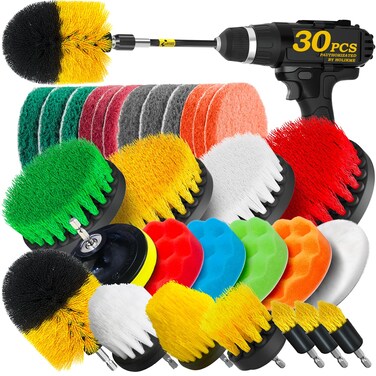 Holikme 30Pack Drill Brush Attachments Set,Scrub Pads &amp; Sponge, Power Scrubber Brush with Extend Long Attachment All Purpose Clean for Grout, Tiles, Sinks, Car Polishing Pads