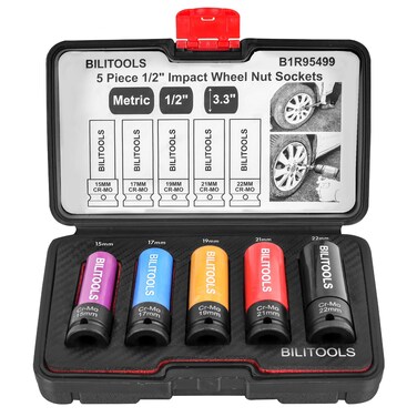 BILITOOLS 1/2 inch Drive Impact Lug Nut Socket Set, 15 17 19 21 22 MM Non-Marring Thin Wall Wheel Protector Nut Socket