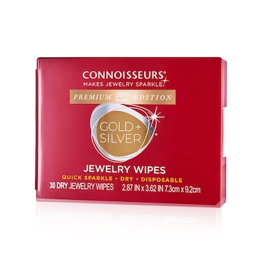 CONNOISSEURS Premium Edition Compact Jewelry Wipes -20% More, No Rinse Gold and Silver Jewelry Cleaner, Polish and Remove Tarnish to Restore Brilliance, Dry Disposable Wipes, 30 Count