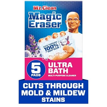 Mr. Clean Magic Eraser Sponge, Bathroom Cleaner, Shower Cleaner, Tub Cleaner, Soap Scum Remover, Bathroom Cleaning Supplies, Dawn Cleaning Power with Febreze Lavender Scent, Ultra Bath, 5ct
