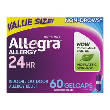 Allegra Adult 24HR Non-Drowsy Antihistamine Gelcaps, 60-Count, Fast-Acting Allergy Symptom Relief, 180 mg