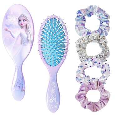 Frozen Princess Elsa Hair Accessory 5 Pcs Set - 1 Regular 9 inch Frozen Hairbrush &amp; 4 Frozen Scrunchies - Detangling Brush &amp; Elastic Hair Ties Ropes for Girls, Ages 3+