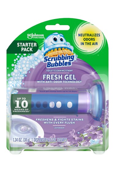 Scrubbing Bubbles Fresh Gel Toilet Bowl Cleaning Stamps, Helps Keep Toilet Clean and Helps Prevent Limescale &amp; Rings, Lavender Scent, 1 Dispenser with 6 Fresh Gel Stamps