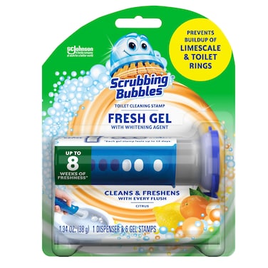Scrubbing Bubbles Fresh Gel Toilet Bowl Cleaning Stamps Starter Pack, Clean and Prevent Limescale and Toilet Rings, Citrus Scent, 1 Dispenser with 6 Stamps, 1.34 Oz
