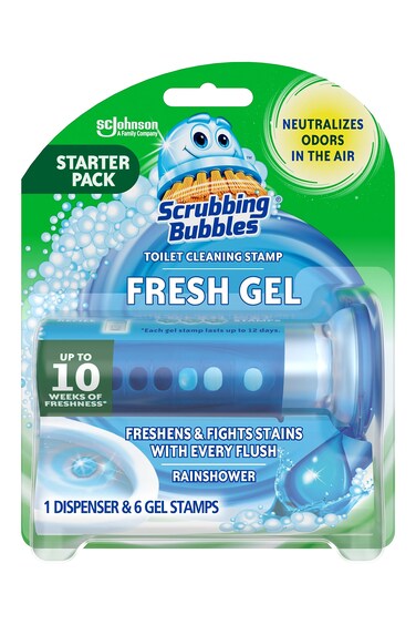 Scrubbing Bubbles Fresh Gel Toilet Bowl Cleaning Stamps, Helps Keep Toilet Clean and Helps Prevent Limescale &amp; Rings, Rainshower Scent, 1 Dispenser with 6 Fresh Gel Stamps