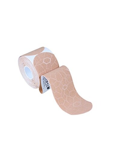 THERABAND Kinesiology Tape, Waterproof Physio Tape for Muscle &amp; Joint Support, Standard Roll with XactStretch Application Indicators, 2" X 10" Strips, 20 Precut Strips, Beige/Beige