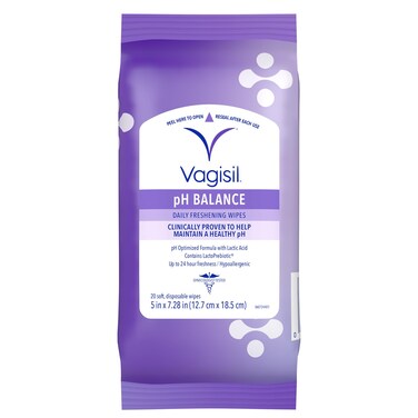 Vagisil pH Balance Daily Freshening Wipes for Feminine Hygiene in Resealable Pouch, Gynecologist Tested &amp; Hypoallergenic, 20 Wipes (Pack of 1)