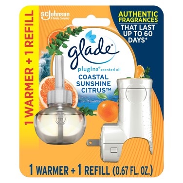 Glade PlugIns Refills Air Freshener Starter Kit, Scented Oil for Home and Bathroom, Coastal Sunshine Citrus, 0.67 Fl Oz, 1 Warmer + 1 Refill