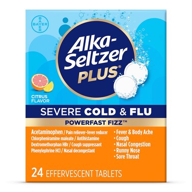 Alka-Seltzer Plus Severe, Cold &amp; Flu Medicine, Citrus Effervescent Tablets, Nasal &amp; Sinus Congestion, Sneezing, Runny Nose, Cough, Sore Throat 24 Count, Packaging May Vary