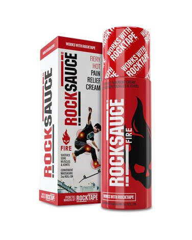 RockSauce Fire, 3 oz Roll-On - Easy to use Pain Relief Cream - Capsaicin &amp; Menthol Formula Relieves Muscle &amp; Joint Pain - Works w/ RockTape - No-Mess Applicator - Dye-Free, Won't Stain Clothes
