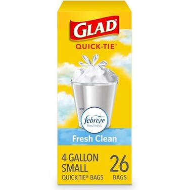 Glad OdorShield Small Trash Bags, Febreze Fresh Clean, 4 Gal, 26 Ct (Package May Vary)