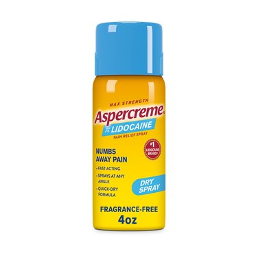 Aspercreme Lidocaine Dry Spray Soothes Aggravated Nerves, Numbing Topical Pain Relief Spray with Max-Strength 4% Lidocaine Sprays at Any Angle, 4 Oz.