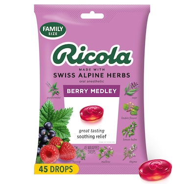 Ricola Berry Medley Throat Drops, 45 Count, Delicious Throat Relief &amp; Care, Oral Anesthetic, Naturally Flavored