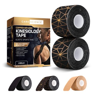 Care Science Waterproof Kinesiology Tape, 40 ct Precut Strips (2 Rolls), Copper Infused   Water Resistant Strips, Elastic Athletic Tape for Sports &amp; Weightlifting, Muscle Strain Relief &amp; Joint Support