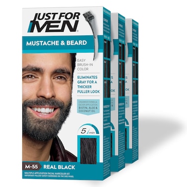 Just For Men Mustache &amp; Beard, Beard Dye for Men with Brush Included for Easy Application, With Biotin Aloe and Coconut Oil for Healthy Facial Hair - Real Black, M-55, Pack of 3