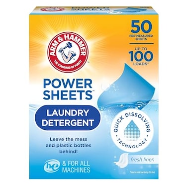 Arm &amp; Hammer Power Sheets Laundry Detergent, Fresh Linen 50ct, up to 100 Small Loads (Packaging may vary)