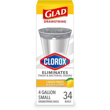 Glad Small Drawstring Trash Bags with Clorox, 4 Gal, Lemon Fresh Bleach, 34 Ct (Package May Vary)