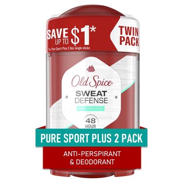Old Spice Sweat Defense Anti-Perspirant Deodorant for Men, Triple Protection, Sweat &amp; Odor Protection, Soft Solid, Pure Sport Plus Scent, 2.6 oz (Pack of 2)