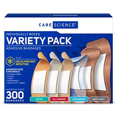 Care Science Variety Bandages Pack, 300 ct Bulk Assorted Sizes   FSA HSA Eligible   Includes Active, All-Purpose, Waterproof, Heavy-Duty   Breathable Protection for First Aid