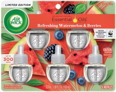 Air Wick Plug in Scented Oil Refill, 5 ct, Fresh Watermelon &amp; Berries, Air Freshener, Essential Oils, Spring Collection