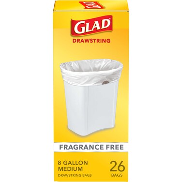 Glad Trash Bags, Medium Drawstring Garbage Bags, 8 Gallon, White, Fragrance Free, 26 Count, Pack May Vary