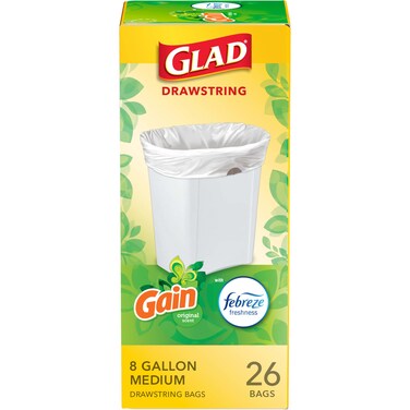 Glad Medium Drawstring Trash Bags, 8 Gal, Gain Original with Febreze, 26 Ct (Package May Vary)
