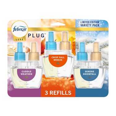 Febreze Plug In Air Freshener, Odor-Fighting Scented Oil Refill, Air Fresheners for Home and Bathroom and Kitchen, Long Lasting for Strong Odors, Premium Holiday Mix, 0.87oz Refills, 3 Count