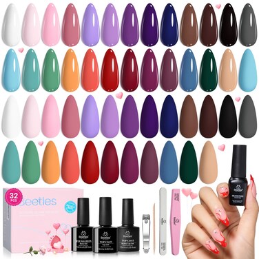 beetles Gel Polish 25 Colors Spring Summer Gel Nail Polish Set Pink Gel Nail Red Nude Brown Purple Burgundy Nail Art with 3Pcs Base Top Coat Urban Rhythm Collection DIY Salon Manicure Gift for Women
