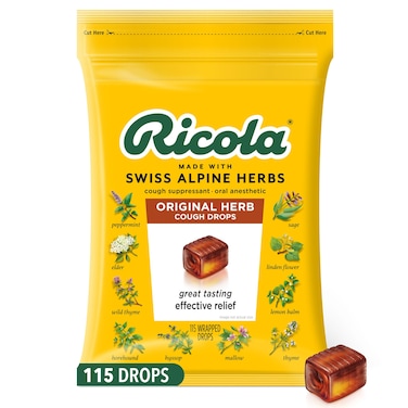 Ricola Original Herb Cough Drops, 115 Count, Cough Suppressant &amp; Throat Relieving Drops with Naturally Sourced Menthol, Pleasing Herbal Taste for Coughs &amp; Throat Irritation Symptom Relief