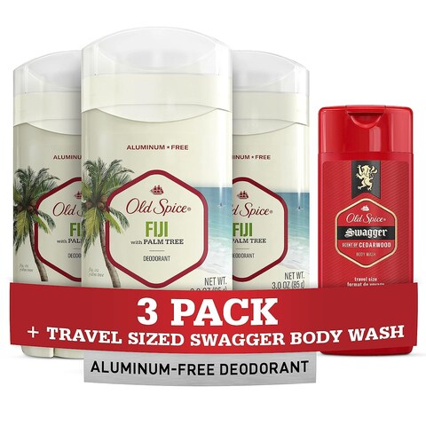 Old Spice Men&#39;s Deodorant Aluminum-Free Fiji with Palm Tree, 3oz (Pack of 3) with Travel-Size Swagger Body Wash