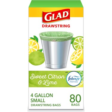 Glad Odorshield Small Drawstring Trash Bags, 4 Gal, Sweet Citron and Lime, 80 Ct, Pack May Vary