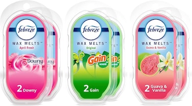 Febreze Wax Melts Wax Warmer Cubes, 2.5 oz. Pack of 6, Guava &amp; Vanilla, Downy April Fresh, Gain Original Scent, (6 Cubes Each), Odor-Fighting Scented