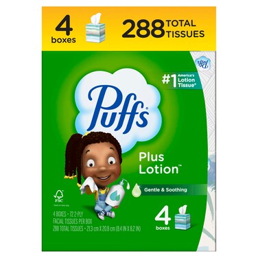 Puffs Plus Lotion Facial Tissue, 4 Mega Cube Boxes, 72 Tissues Per Box