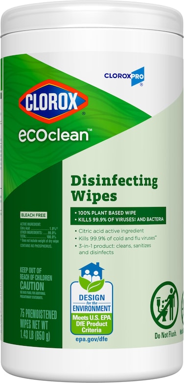 CloroxPro Clorox EcoClean Disinfecting Wipes, Multipurpose 100% Plant Based Cleaning Cloths, Antibacterial Disinfectant, Safe for Multi Surface Use, 75 Count