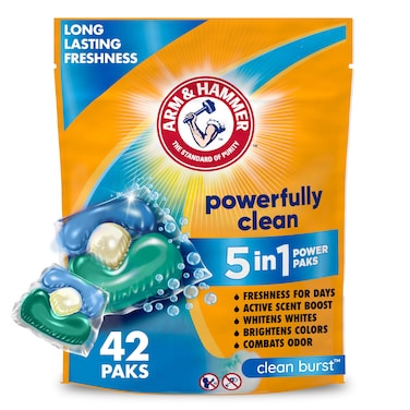 Arm &amp; Hammer Clean Burst 5-in-1 Laundry Detergent Power Paks, High Efficieny (HE), 42 Count
